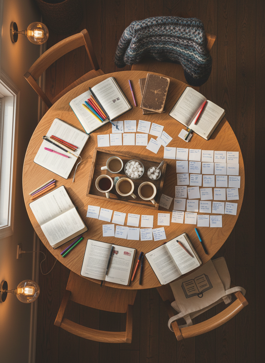 An overhead photographic view of a lively writing club table, captured as a flat lay. A large round oak table is packed with colorful bullet journals, well-worn paperbacks, index cards arranged in storyboards, and a central tray holding assorted coffee cups, teacups, and a small bowl of sugar cubes. Several chairs are pulled close, one with a sweater draped over the back and another with a tote bag hanging, implying an in-progress gathering without showing any people. Soft early evening light from an unseen window blends with warm café-style sconces, casting gentle shadows around each object. The composition is clean and balanced, with a playful, creative atmosphere, emphasizing the shared space and collaborative nature of the Sunday writing social.