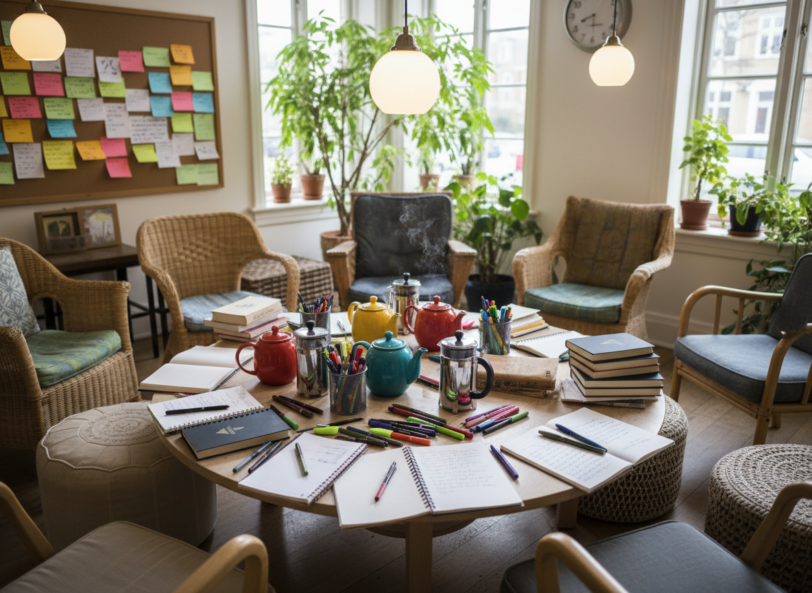 A circular arrangement of mismatched chairs around a low, light-wood coffee table overflowing with spiral notebooks, fountain pens, highlighters, and neatly stacked paperbacks. Several bright ceramic teapots and coffee presses sit among the writing tools, thin steam curling upwards. The setting is a sunlit Sunday lounge with potted plants, a corkboard full of colorful index cards, and a wall clock showing mid-morning. Natural window light mixes with warm pendant lamps, creating a cheerful, social glow. Photographic realism from a slightly elevated angle, using the rule of thirds to emphasize the cluster of writing tools and shared beverages, capturing the playful, collaborative mood of a weekly writing social.