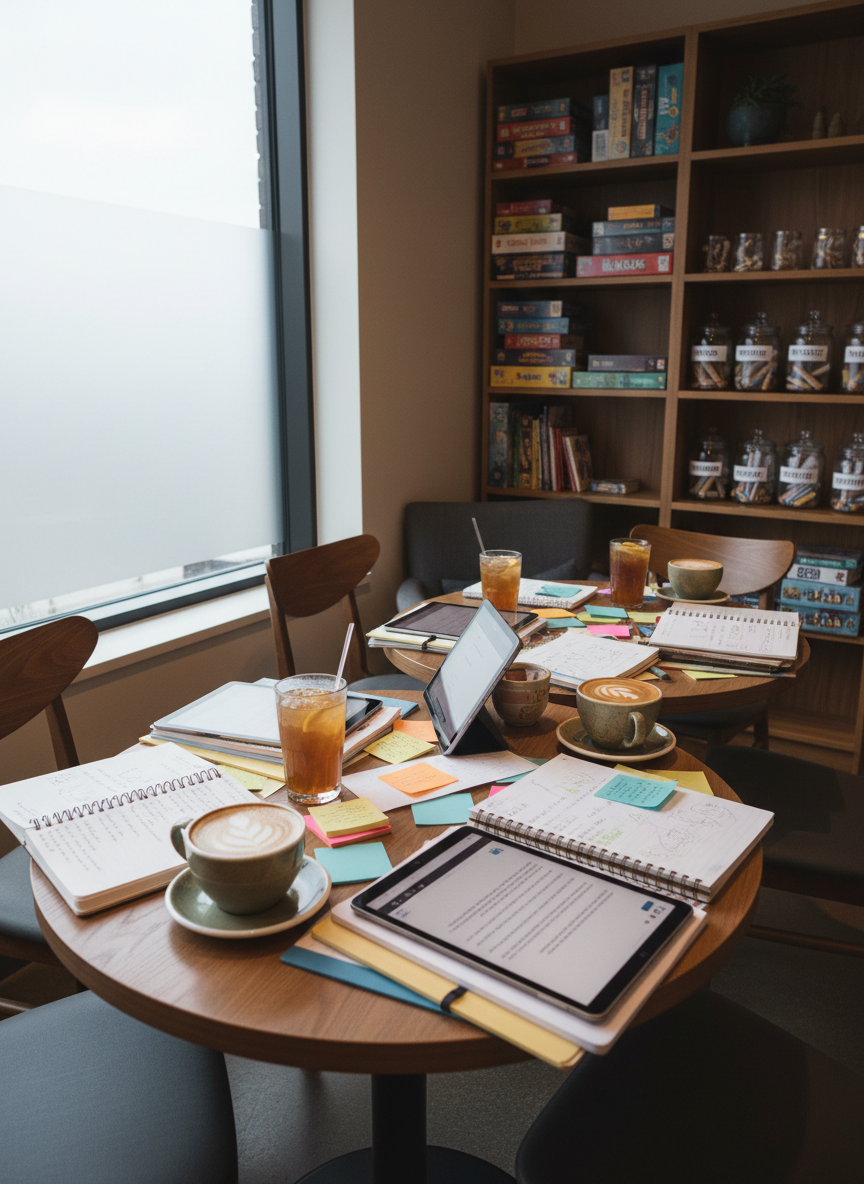 A cozy corner of a modern café-style room where three adjacent small round tables are pushed close together, forming a communal island. Each tabletop is dotted with open drafts, annotation-filled pages, and tablets displaying manuscripts, surrounded by latte art in wide ceramic cups and tall glasses of iced tea with condensation. The large window beside the tables reveals a soft overcast day, providing diffused natural light that gently illuminates paper textures and screen reflections. Background shelves hold board games and writing prompt jars, hinting at playful group activities. Photographic realism, captured from a diagonal angle to show the tables merging into one social hub, with moderate depth of field so every surface detail remains sharp and inviting.